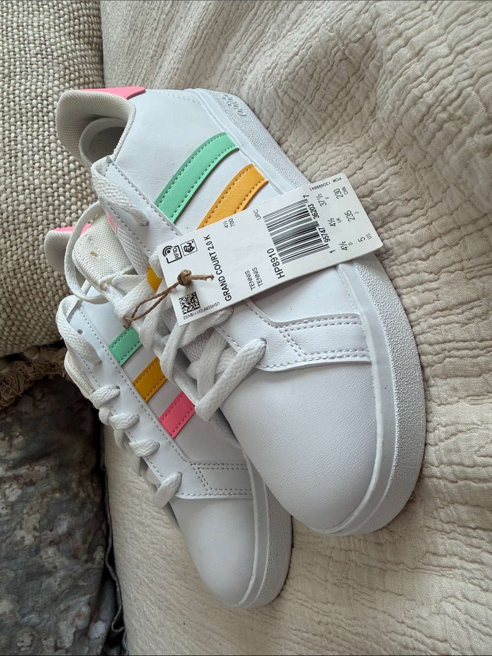 adidas Originals Kids White Sneakers with Pink, Yellow & Mint Stripes